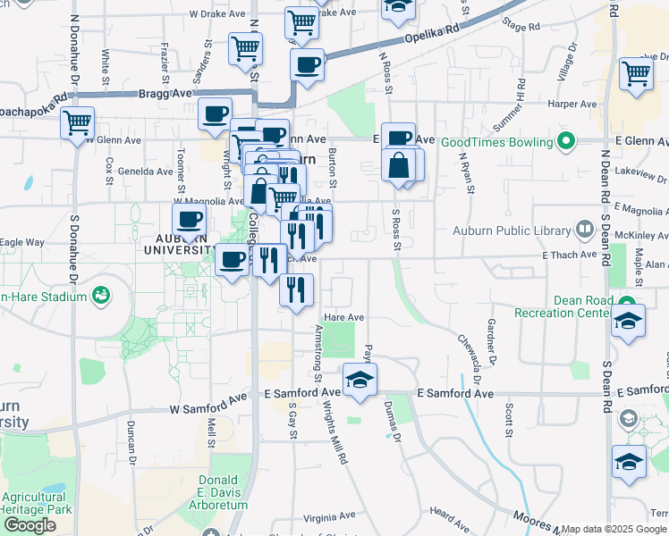 map of restaurants, bars, coffee shops, grocery stores, and more near 310 East Thach Avenue in Auburn