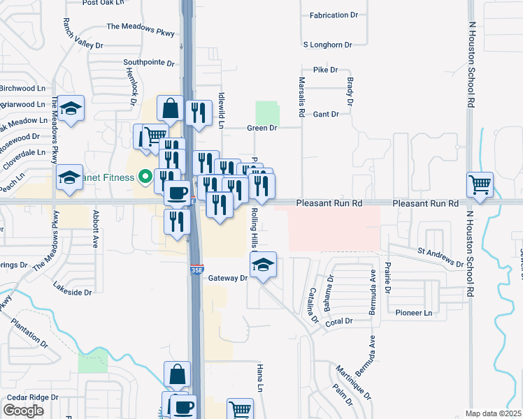 map of restaurants, bars, coffee shops, grocery stores, and more near 3160 West Pleasant Run Road in Lancaster