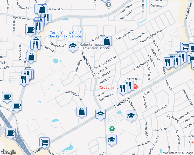 map of restaurants, bars, coffee shops, grocery stores, and more near 601 Douglas Drive in Mansfield