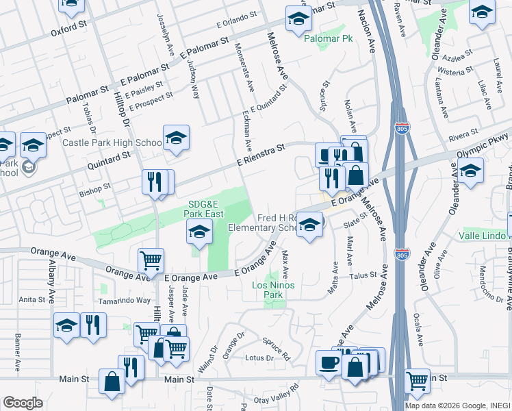 map of restaurants, bars, coffee shops, grocery stores, and more near 1531 Max Avenue in Chula Vista