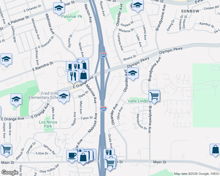 map of restaurants, bars, coffee shops, grocery stores, and more near 1534 Ocala Avenue in Chula Vista