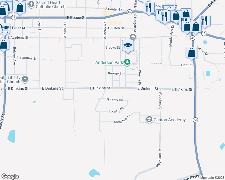 map of restaurants, bars, coffee shops, grocery stores, and more near 624 East Dinkins Street in Canton