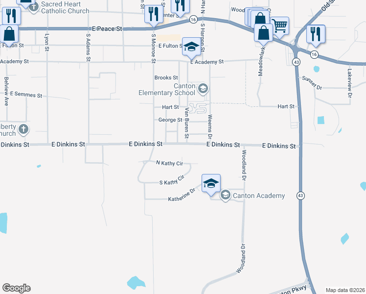 map of restaurants, bars, coffee shops, grocery stores, and more near 704 East Dinkins Street in Canton