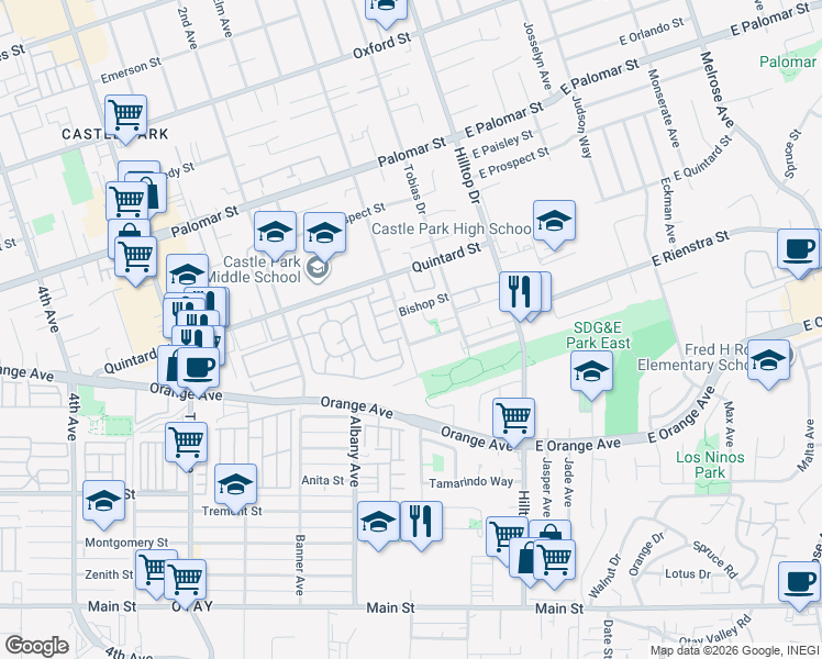 map of restaurants, bars, coffee shops, grocery stores, and more near 1449 1st Avenue in Chula Vista