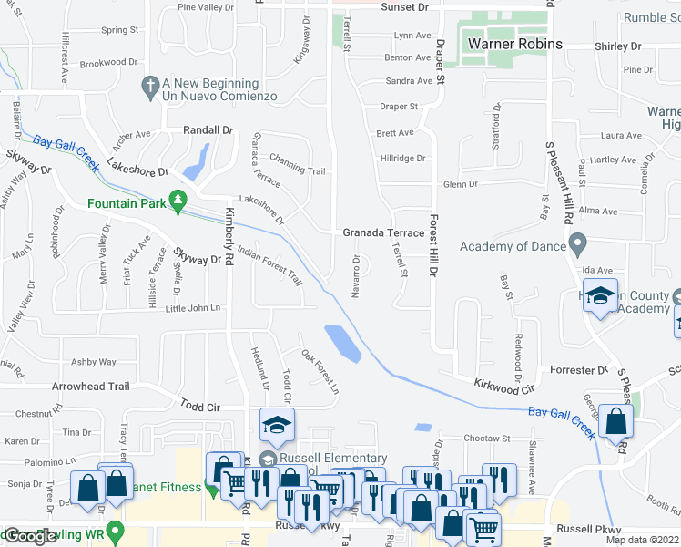 map of restaurants, bars, coffee shops, grocery stores, and more near 1210 Briarcliff Road in Warner Robins