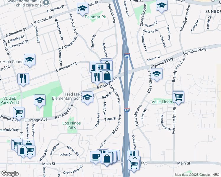 map of restaurants, bars, coffee shops, grocery stores, and more near 1505 Marble Way in Chula Vista