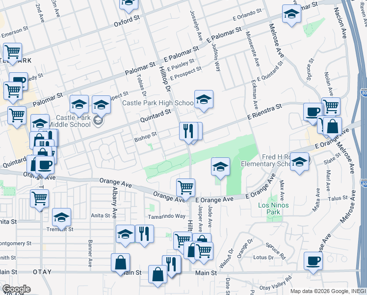 map of restaurants, bars, coffee shops, grocery stores, and more near 9 Kingswood Drive in Chula Vista