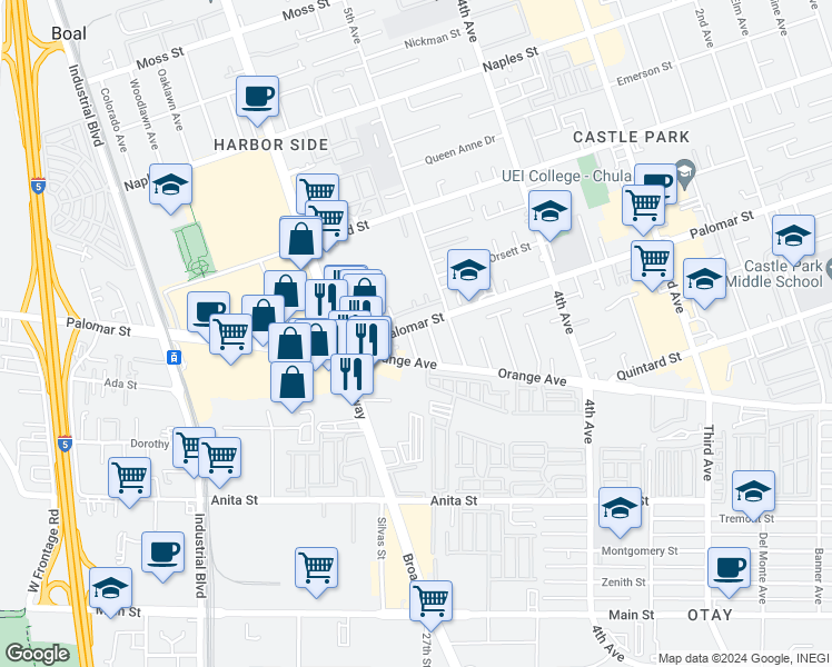 map of restaurants, bars, coffee shops, grocery stores, and more near 33 Palomar Street in Chula Vista