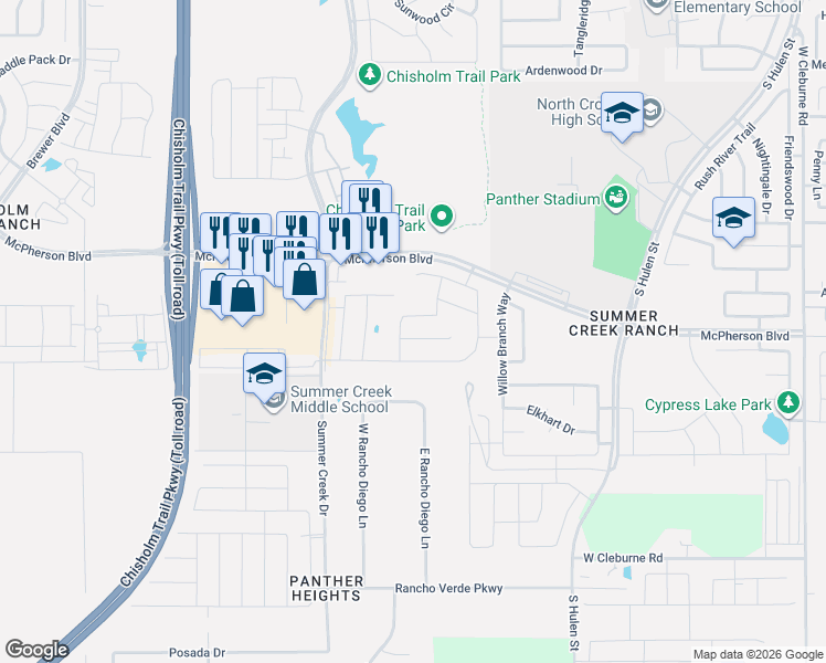 map of restaurants, bars, coffee shops, grocery stores, and more near 5152 Cantle Court in Crowley