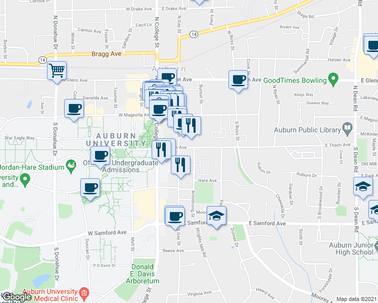 map of restaurants, bars, coffee shops, grocery stores, and more near 226 East Thach Avenue in Auburn