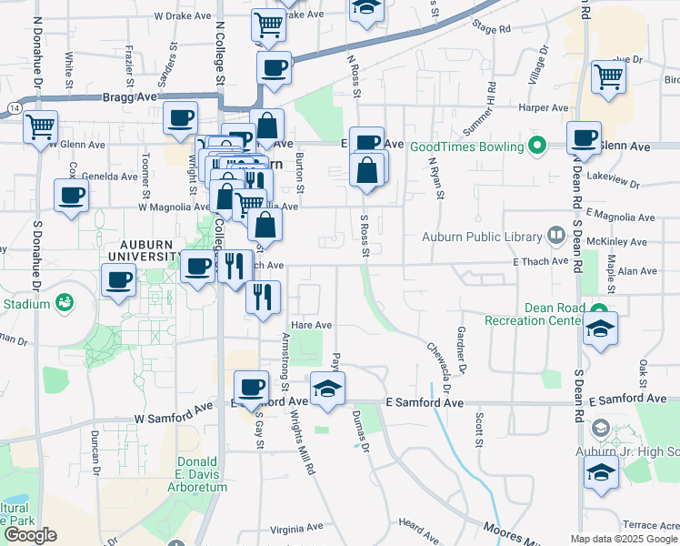map of restaurants, bars, coffee shops, grocery stores, and more near 358 E Thach Ave in Auburn