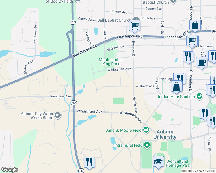 map of restaurants, bars, coffee shops, grocery stores, and more near 1232 West Thach Avenue in Auburn