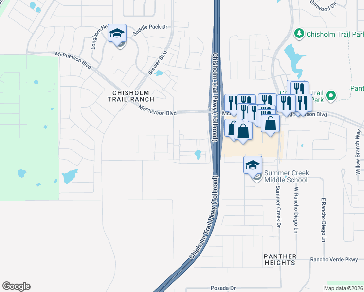 map of restaurants, bars, coffee shops, grocery stores, and more near McPherson Boulevard in Fort Worth