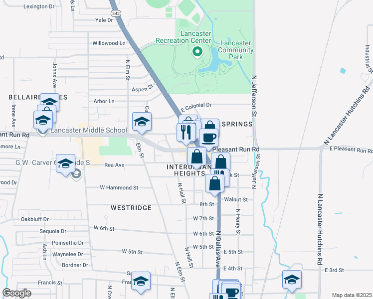 map of restaurants, bars, coffee shops, grocery stores, and more near 200 West Pleasant Run Road in Lancaster