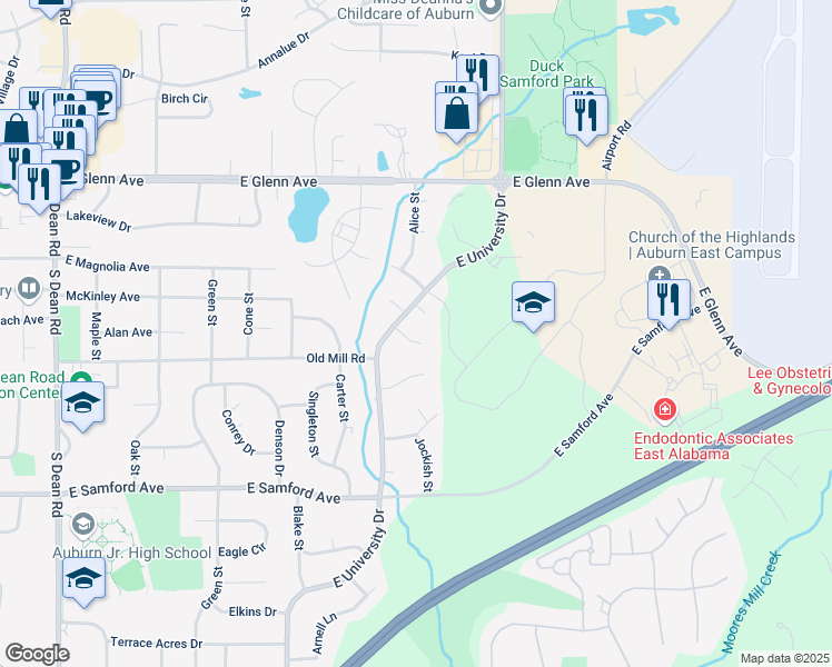 map of restaurants, bars, coffee shops, grocery stores, and more near 1416 Katie Lane in Auburn