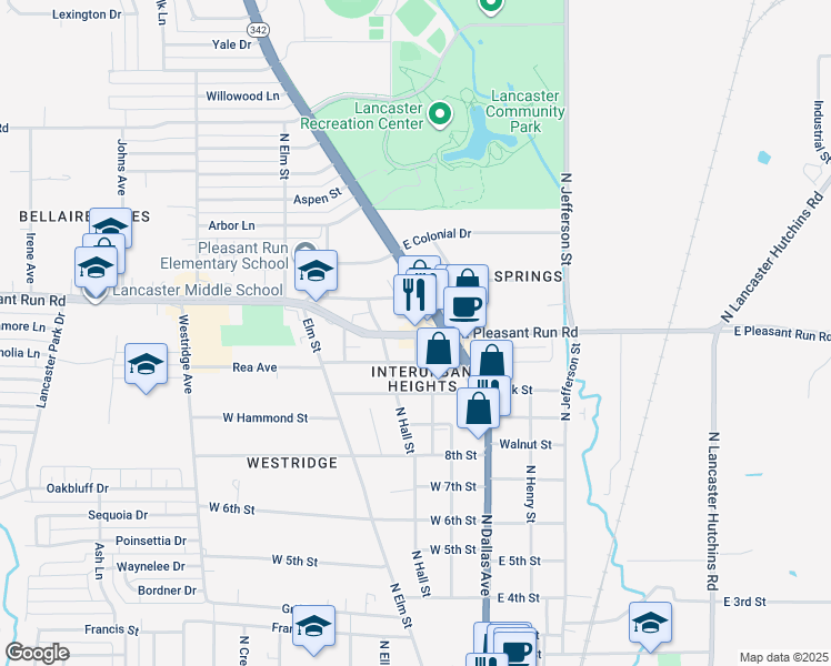 map of restaurants, bars, coffee shops, grocery stores, and more near 200 West Pleasant Run Road in Lancaster