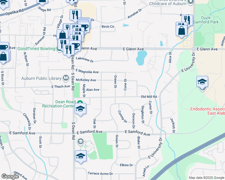 map of restaurants, bars, coffee shops, grocery stores, and more near 156 Green Street in Auburn
