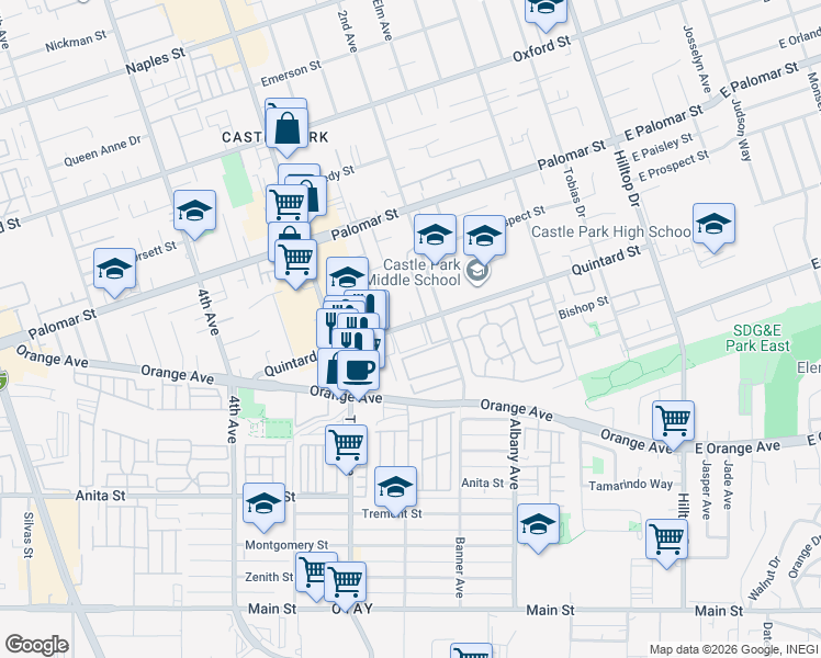 map of restaurants, bars, coffee shops, grocery stores, and more near 215 Quintard Street in Chula Vista