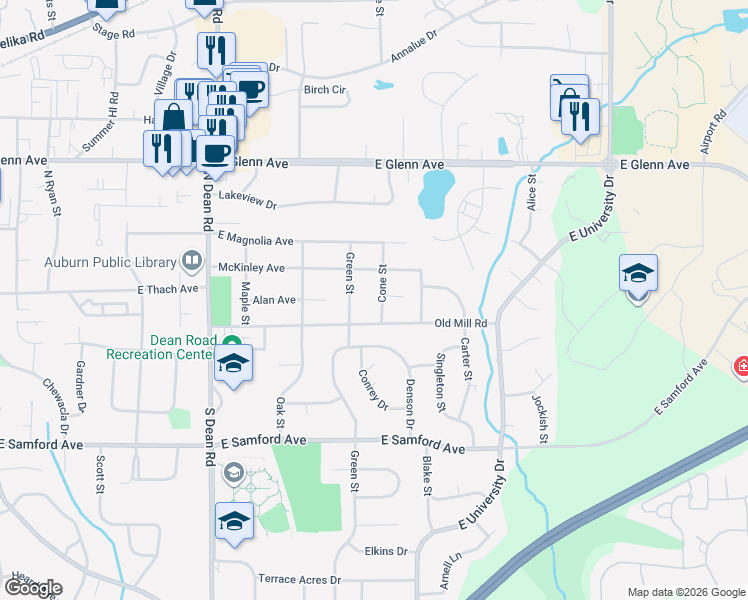 map of restaurants, bars, coffee shops, grocery stores, and more near 156 Cone St in Auburn