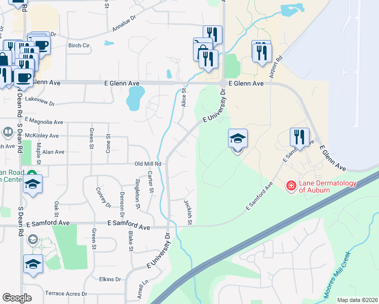 map of restaurants, bars, coffee shops, grocery stores, and more near 1414 Katie Lane in Auburn