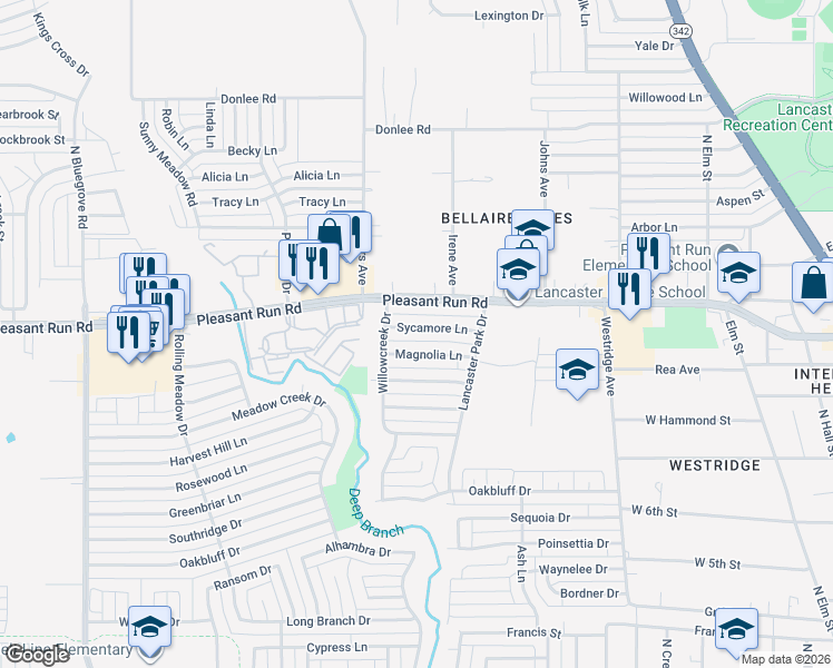 map of restaurants, bars, coffee shops, grocery stores, and more near 926 Sycamore Lane in Lancaster