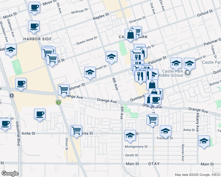 map of restaurants, bars, coffee shops, grocery stores, and more near 419 Anita June Court in Chula Vista