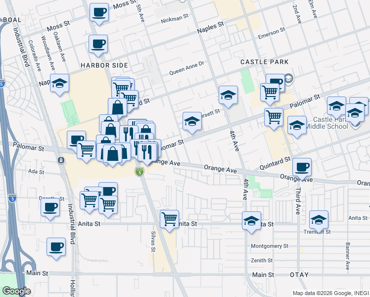 map of restaurants, bars, coffee shops, grocery stores, and more near 1309 William Avenue in Chula Vista