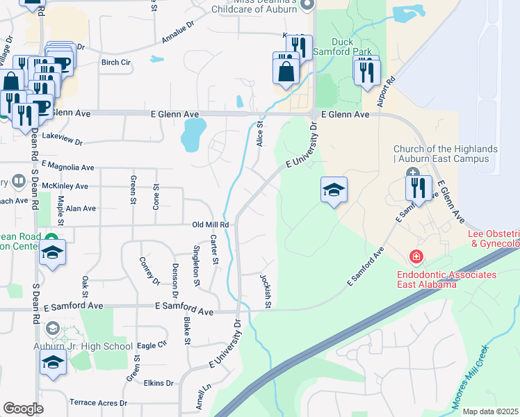 map of restaurants, bars, coffee shops, grocery stores, and more near 1416 Katie Lane in Auburn
