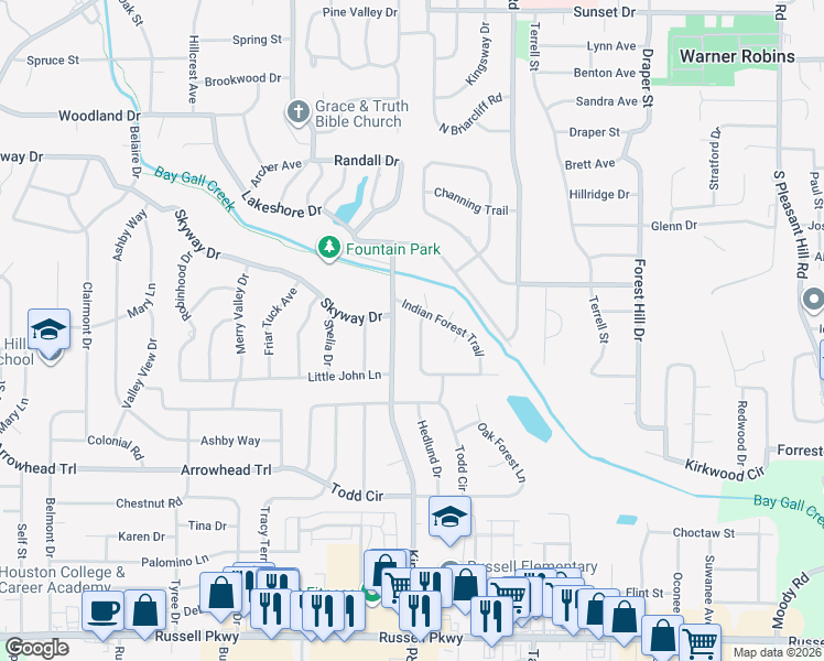 map of restaurants, bars, coffee shops, grocery stores, and more near 103 Cherokee Forest Trail in Warner Robins
