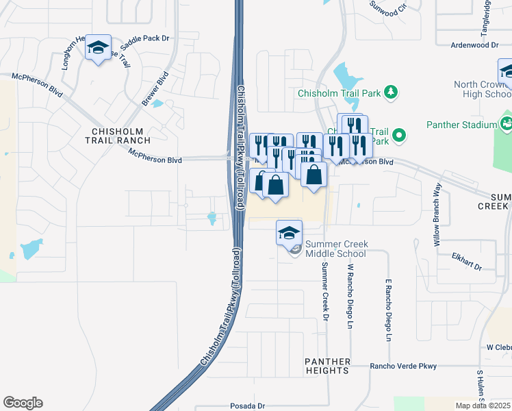 map of restaurants, bars, coffee shops, grocery stores, and more near 5649 Sierra Springs Lane in Fort Worth