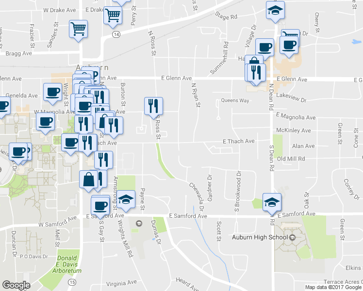 map of restaurants, bars, coffee shops, grocery stores, and more near 502 East Thach Avenue in Auburn