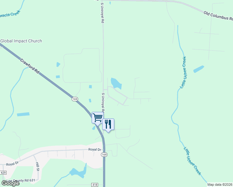 map of restaurants, bars, coffee shops, grocery stores, and more near 2129 Cobblestone Drive in Opelika