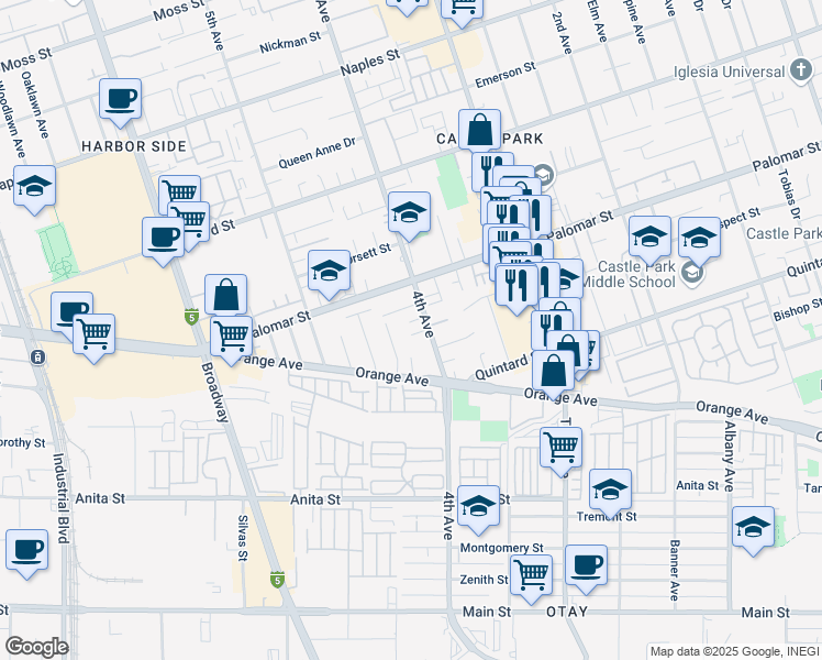 map of restaurants, bars, coffee shops, grocery stores, and more near 419 Anita June Court in Chula Vista