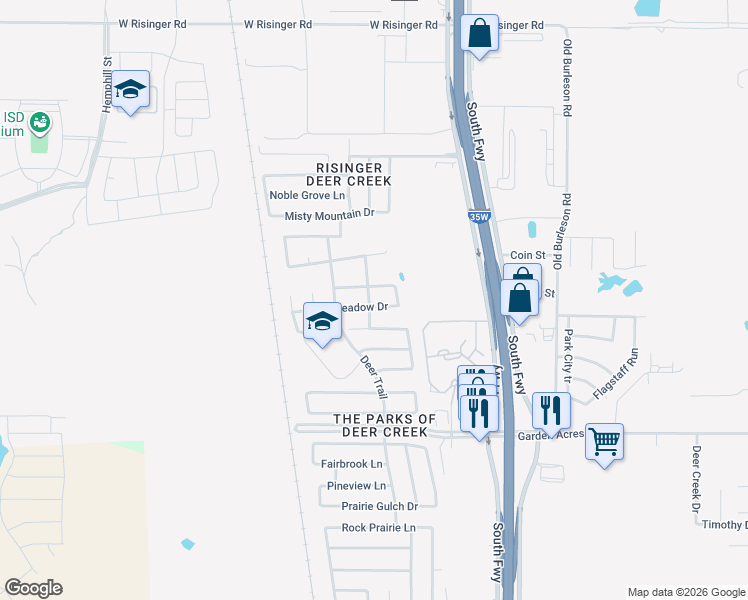 map of restaurants, bars, coffee shops, grocery stores, and more near 404 Fawn Meadow Drive in Fort Worth