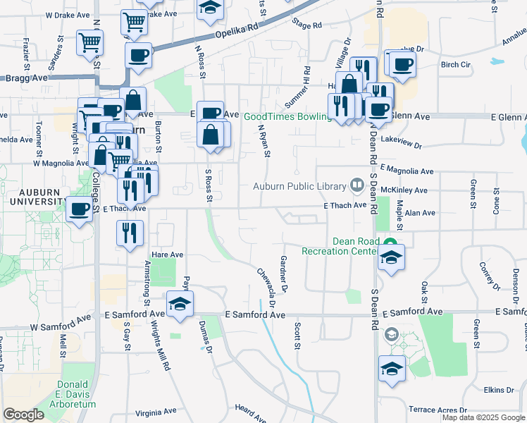 map of restaurants, bars, coffee shops, grocery stores, and more near 528 East Thach Avenue in Auburn