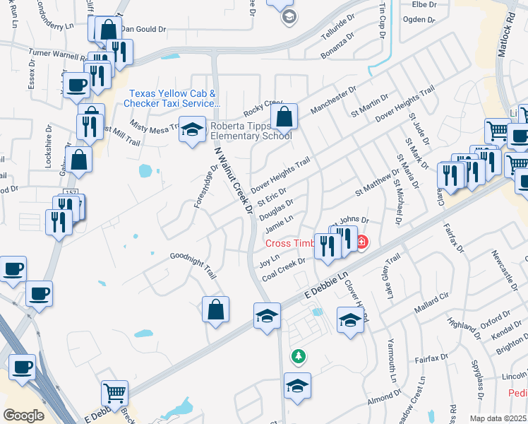 map of restaurants, bars, coffee shops, grocery stores, and more near 605 Douglas Drive in Mansfield