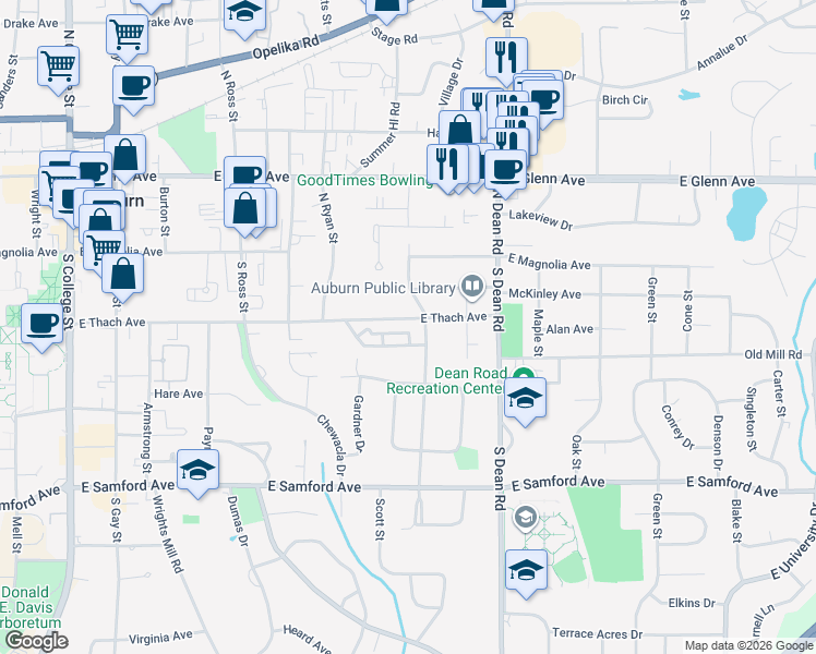 map of restaurants, bars, coffee shops, grocery stores, and more near 651 Homewood Drive in Auburn