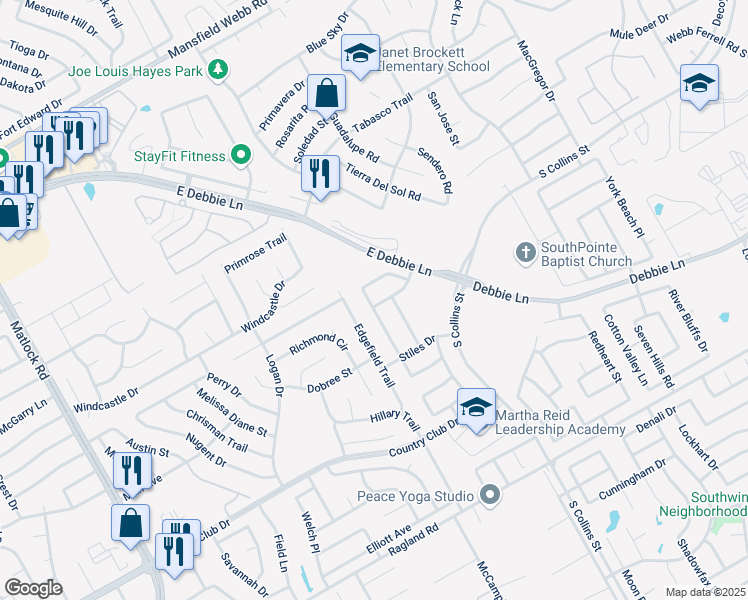 map of restaurants, bars, coffee shops, grocery stores, and more near 501 Sandberry Street in Arlington