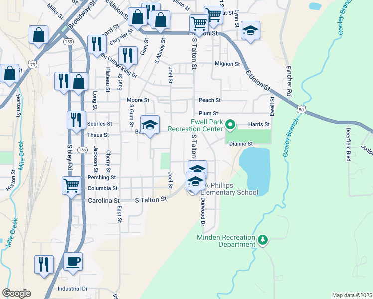 map of restaurants, bars, coffee shops, grocery stores, and more near 612 Durwood Drive in Minden