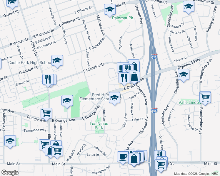 map of restaurants, bars, coffee shops, grocery stores, and more near 225 East Orange Avenue in Chula Vista