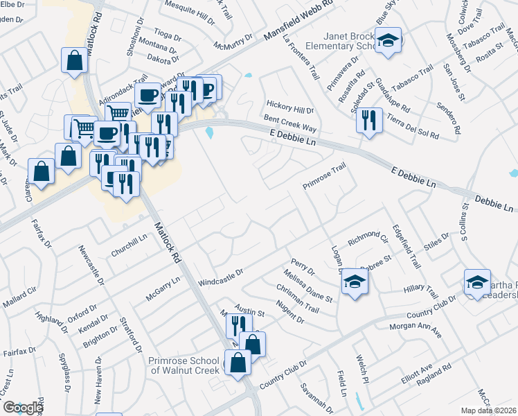 map of restaurants, bars, coffee shops, grocery stores, and more near 2103 Sandstone Ct in Mansfield