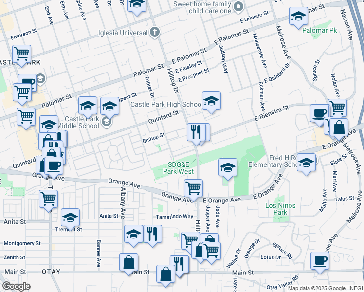 map of restaurants, bars, coffee shops, grocery stores, and more near 1434 Hilltop Drive in Chula Vista