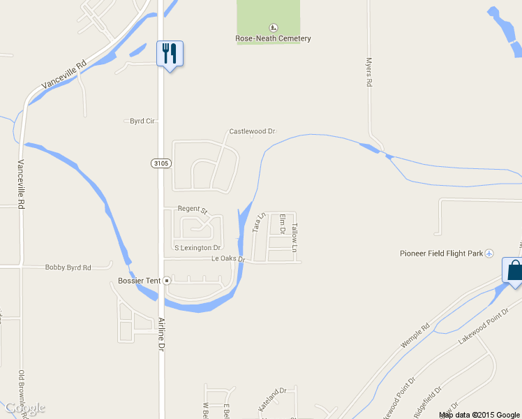 map of restaurants, bars, coffee shops, grocery stores, and more near 5177 Tara Lane in Bossier City