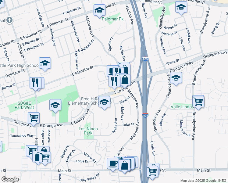 map of restaurants, bars, coffee shops, grocery stores, and more near 126 East Orange Avenue in Chula Vista