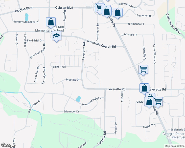 map of restaurants, bars, coffee shops, grocery stores, and more near 1485 Leverette Road in Warner Robins