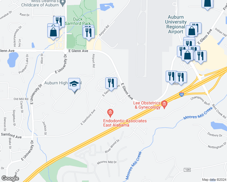map of restaurants, bars, coffee shops, grocery stores, and more near 2001 East Samford Avenue in Auburn