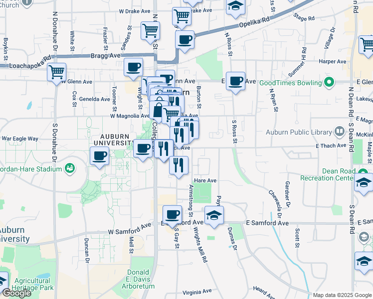 map of restaurants, bars, coffee shops, grocery stores, and more near 226 East Thach Avenue in Auburn