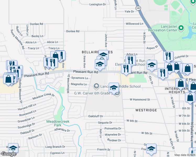 map of restaurants, bars, coffee shops, grocery stores, and more near 822 West Pleasant Run Road in Lancaster