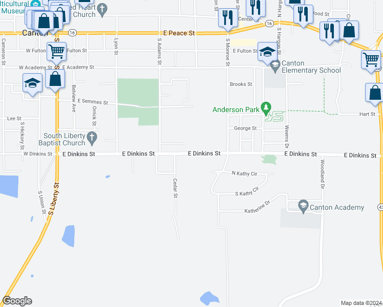 map of restaurants, bars, coffee shops, grocery stores, and more near 464 East Dinkins Street in Canton