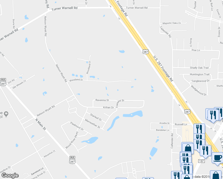 map of restaurants, bars, coffee shops, grocery stores, and more near 12 Woodland Drive in Mansfield